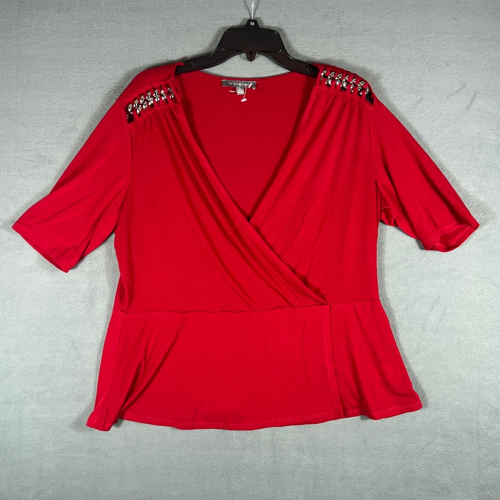 NY Collection Womens Top XL Red Peplum Surplice Short Sleeve Chain Detail